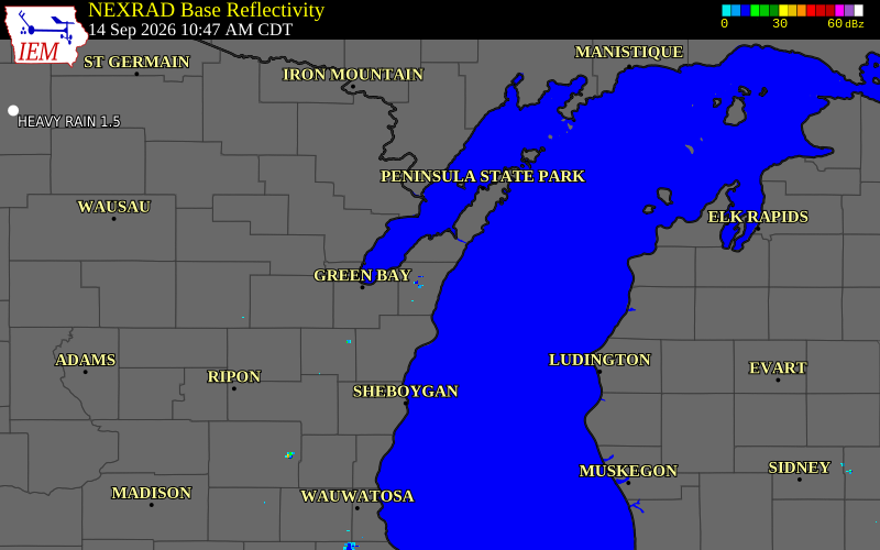 Current NEXRAD radar over Door County, Wisconsin with recent storm report locations