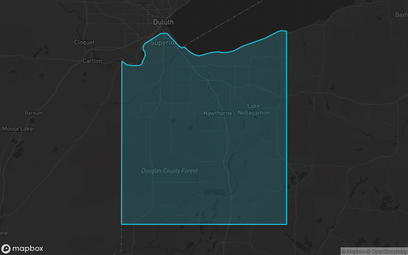 Map of Douglas County, Wisconsin showing the county boundary and surrounding cities