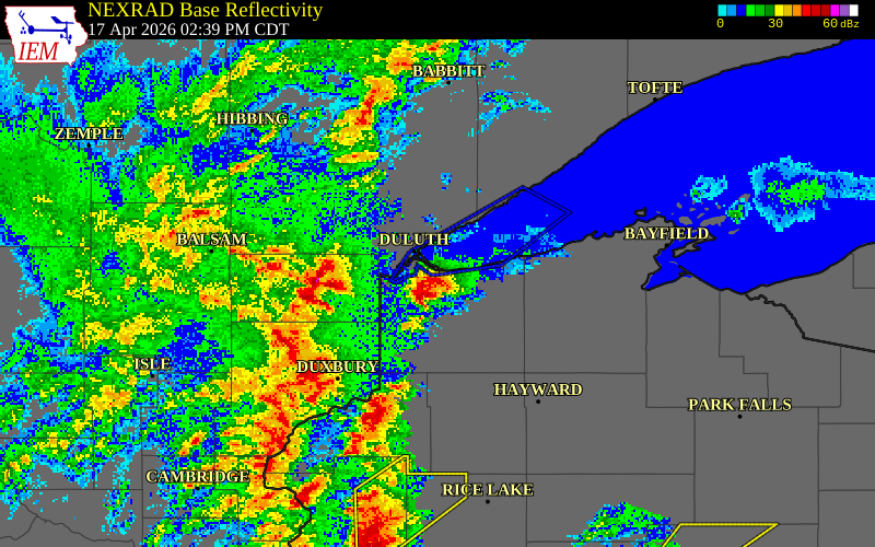NEXRAD radar during the Friday, April 17, 2026 storm activity in Douglas County, Wisconsin