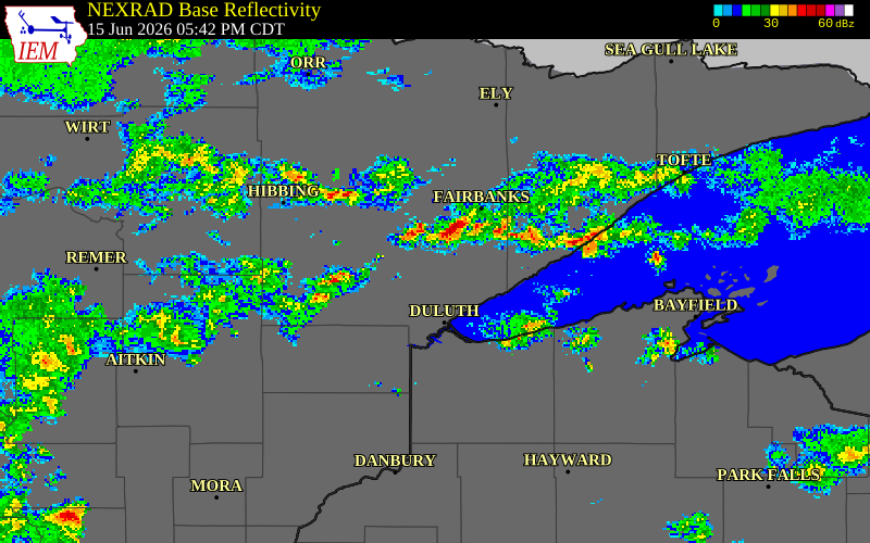 NEXRAD radar during the Monday, June 15, 2026 storm activity in Douglas County, Wisconsin