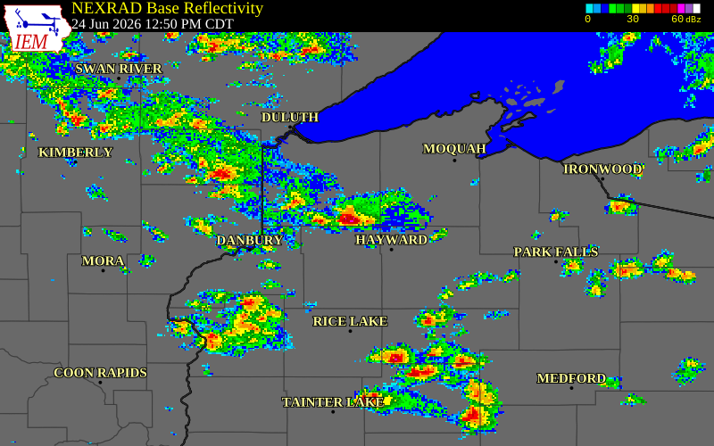 NEXRAD radar during the Wednesday, June 24, 2026 storm activity in Douglas County, Wisconsin