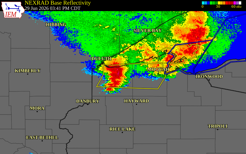 NEXRAD radar during the Monday, June 29, 2026 storm activity in Douglas County, Wisconsin