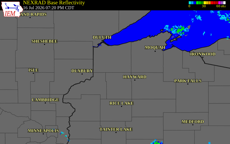 NEXRAD radar during the Thursday, July 16, 2026 storm activity in Douglas County, Wisconsin