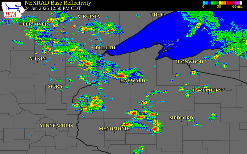 Radar snapshot during the Jun 24, 2026 hail event near 5 E Wascott, Douglas County, Wisconsin, with NWS warning polygons