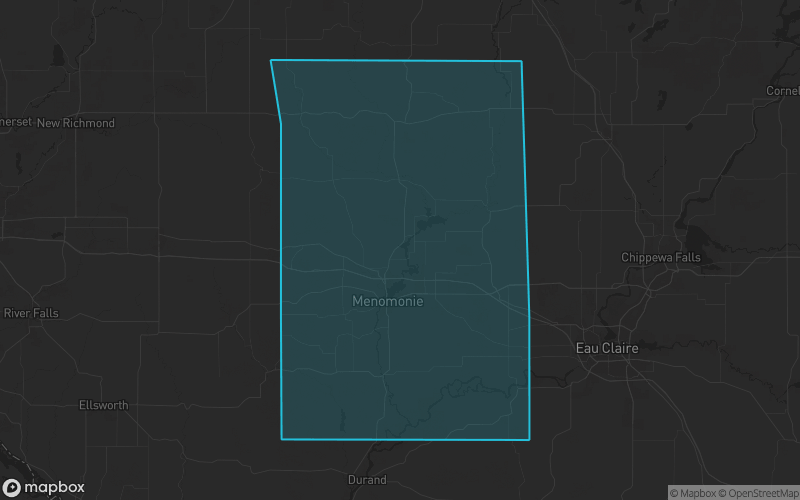 Map of Dunn County, Wisconsin showing the county boundary and surrounding cities