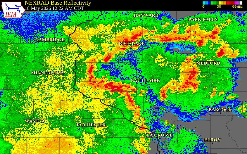 NEXRAD radar during the Monday, May 18, 2026 storm activity in Dunn County, Wisconsin