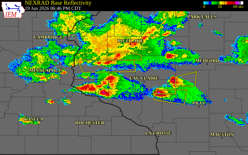 NEXRAD radar during the Friday, June 19, 2026 storm activity in Dunn County, Wisconsin