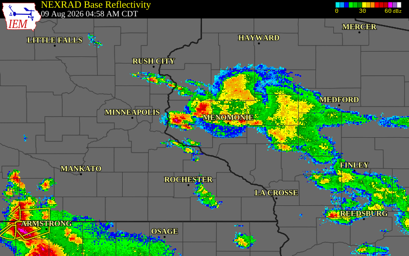 Radar snapshot during the Aug 9, 2026 hail event near Dunn County, Dunn County, Wisconsin, with NWS warning polygons