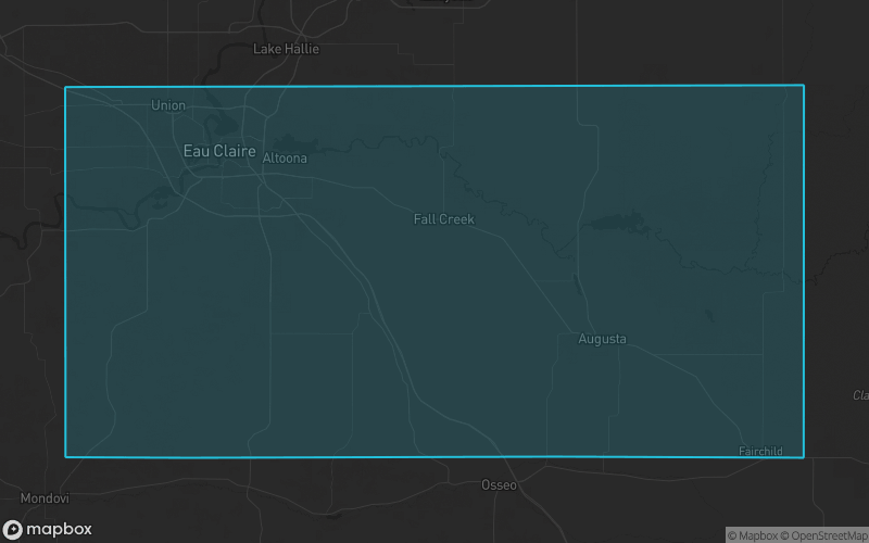 Map of Eau Claire County, Wisconsin showing the county boundary and surrounding cities