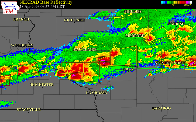 NEXRAD radar during the Monday, April 13, 2026 storm activity in Eau Claire County, Wisconsin