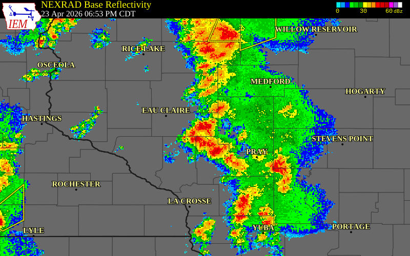 NEXRAD radar during the Thursday, April 23, 2026 storm activity in Eau Claire County, Wisconsin