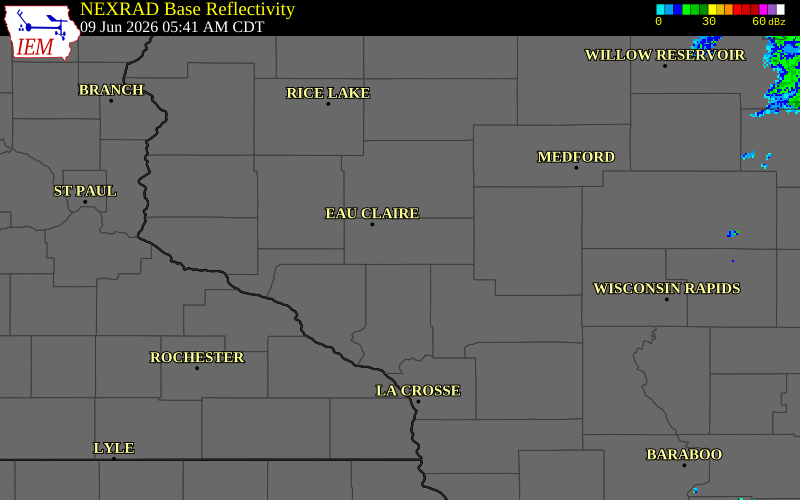 NEXRAD radar during the Tuesday, June 9, 2026 storm activity in Eau Claire County, Wisconsin