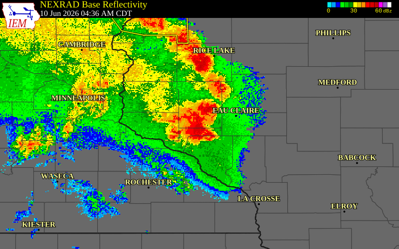 NEXRAD radar during the Wednesday, June 10, 2026 storm activity in Eau Claire County, Wisconsin
