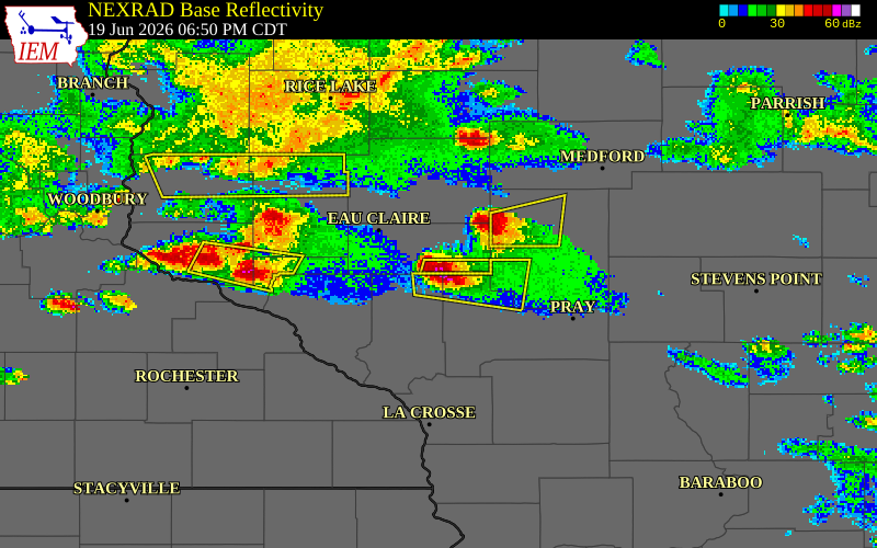 NEXRAD radar during the Friday, June 19, 2026 storm activity in Eau Claire County, Wisconsin