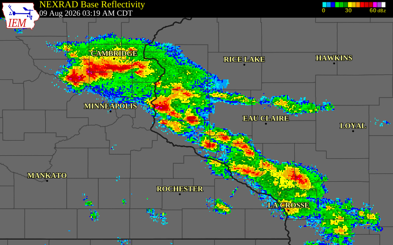 NEXRAD radar during the Sunday, August 9, 2026 storm activity in Eau Claire County, Wisconsin