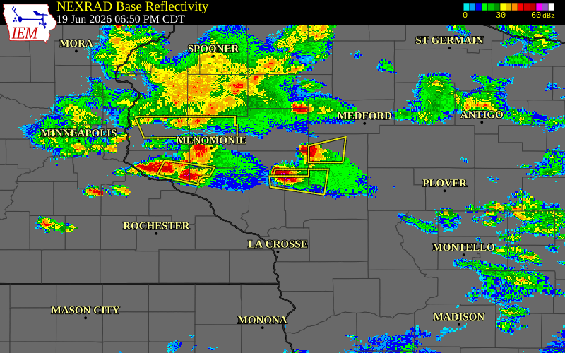 Radar snapshot during the Jun 19, 2026 hail event near 6 SSW Augusta, Eau Claire County, Wisconsin, with NWS warning polygons