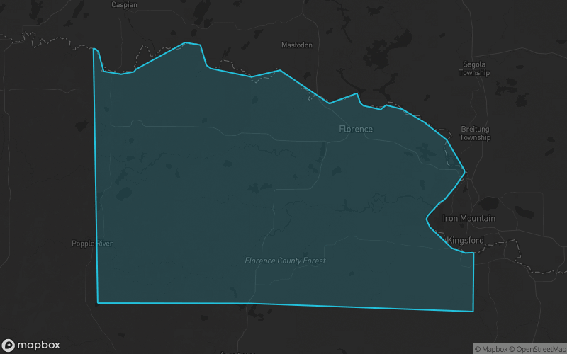 Map of Florence County, Wisconsin showing the county boundary and surrounding cities