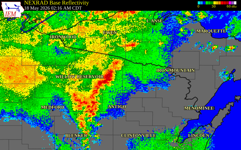 NEXRAD radar during the Monday, May 18, 2026 storm activity in Florence County, Wisconsin