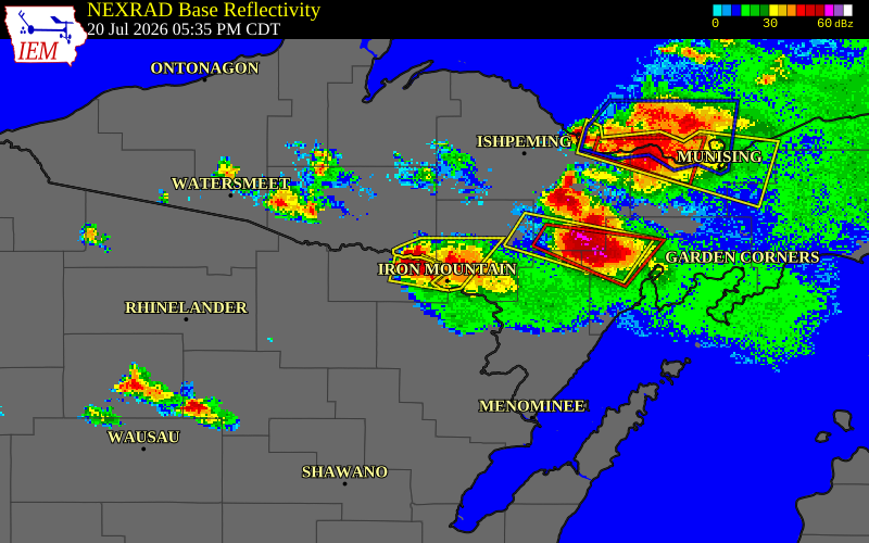 NEXRAD radar during the Monday, July 20, 2026 storm activity in Florence County, Wisconsin
