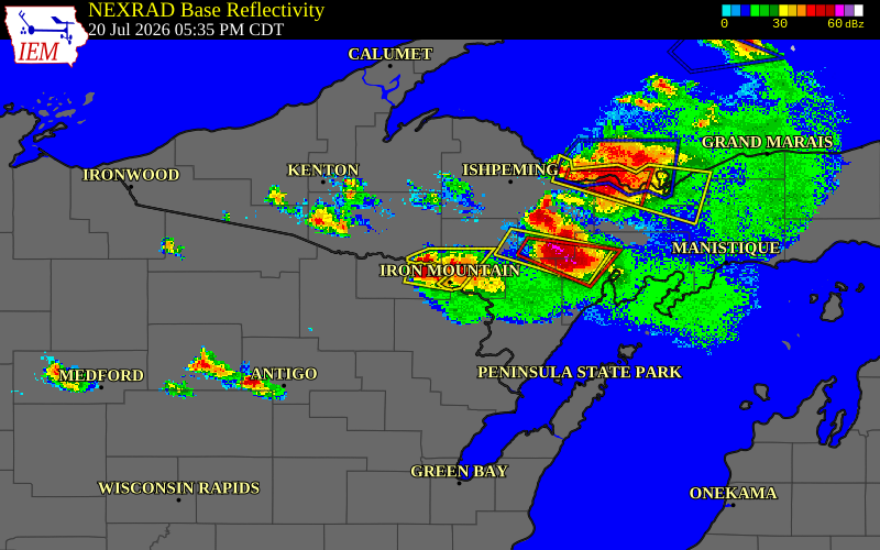 Radar snapshot during the Jul 20, 2026 hail event near Spread Eagle, Florence County, Wisconsin, with NWS warning polygons