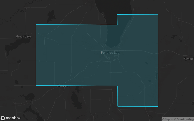 Map of Fond du Lac County, Wisconsin showing the county boundary and surrounding cities