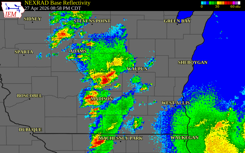 NEXRAD radar during the Monday, April 27, 2026 storm activity in Fond du Lac County, Wisconsin