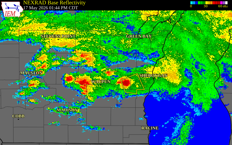 NEXRAD radar during the Sunday, May 17, 2026 storm activity in Fond du Lac County, Wisconsin