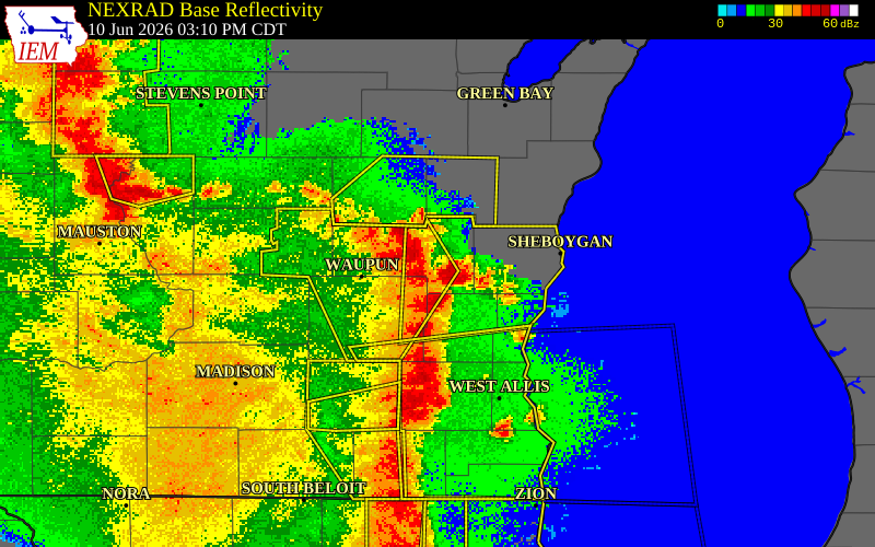 NEXRAD radar during the Wednesday, June 10, 2026 storm activity in Fond du Lac County, Wisconsin