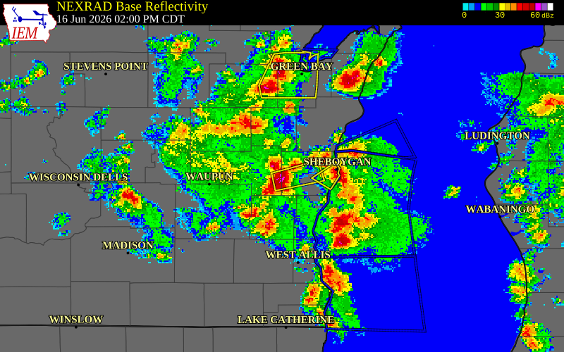NEXRAD radar during the Tuesday, June 16, 2026 storm activity in Fond du Lac County, Wisconsin