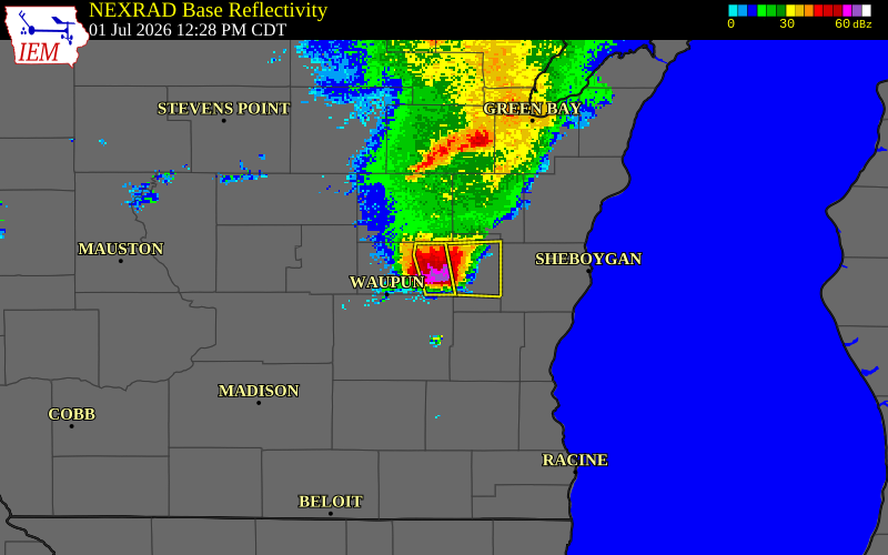NEXRAD radar during the Wednesday, July 1, 2026 storm activity in Fond du Lac County, Wisconsin