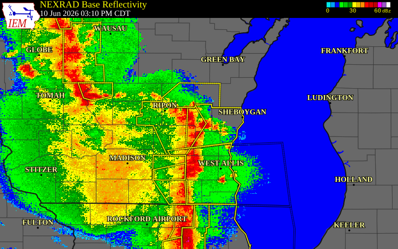 Radar snapshot during the Jun 10, 2026 tornado event near 3 SSE Eden, Fond du Lac County, Wisconsin, with NWS warning polygons