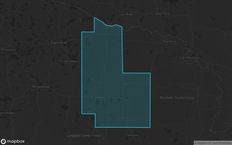 Map of Forest County, Wisconsin showing the county boundary and surrounding cities