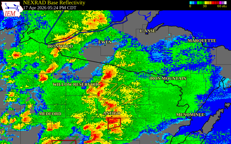 NEXRAD radar during the Friday, April 17, 2026 storm activity in Forest County, Wisconsin