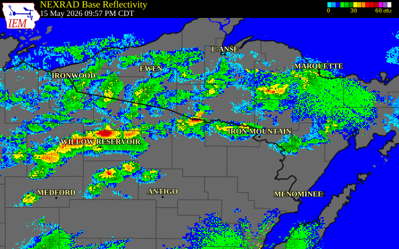 NEXRAD radar during the Friday, May 15, 2026 storm activity in Forest County, Wisconsin