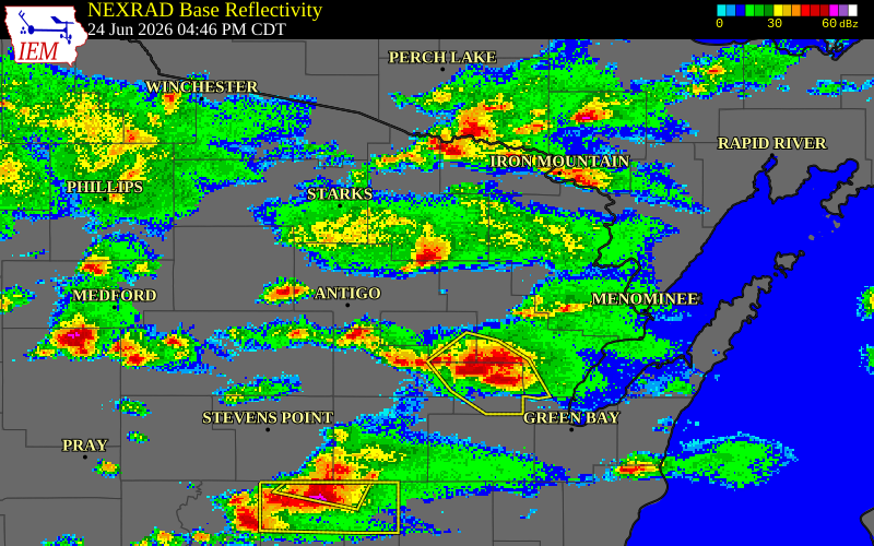 NEXRAD radar during the Wednesday, June 24, 2026 storm activity in Forest County, Wisconsin