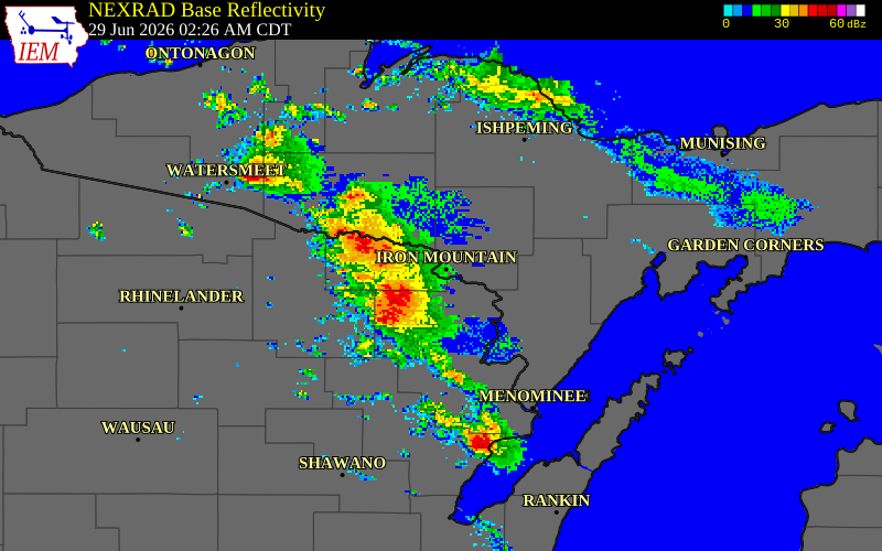 NEXRAD radar during the Monday, June 29, 2026 storm activity in Forest County, Wisconsin