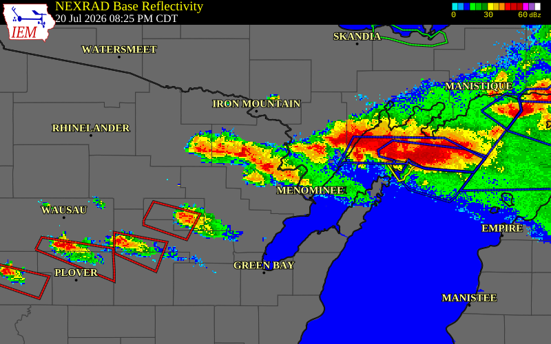 NEXRAD radar during the Monday, July 20, 2026 storm activity in Forest County, Wisconsin