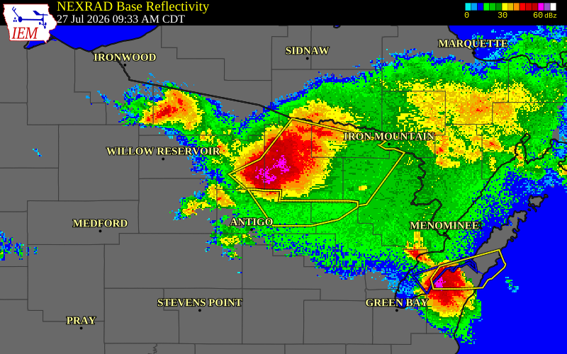 NEXRAD radar during the Monday, July 27, 2026 storm activity in Forest County, Wisconsin