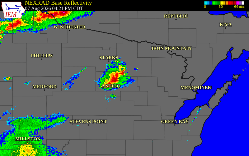 NEXRAD radar during the Friday, August 7, 2026 storm activity in Forest County, Wisconsin