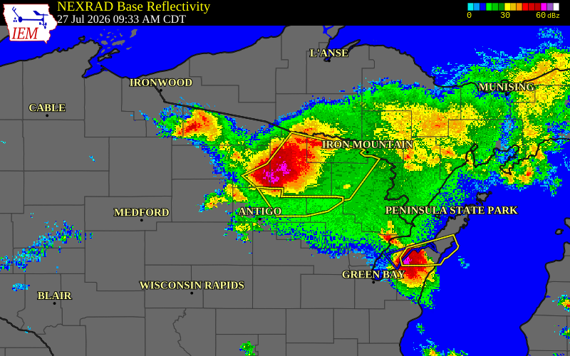 Radar snapshot during the Jul 27, 2026 hail event near Crandon, Forest County, Wisconsin, with NWS warning polygons
