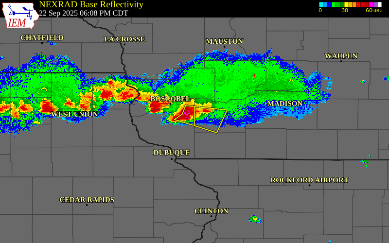 NEXRAD radar during the Monday, September 22, 2025 storm activity in Grant County, Wisconsin