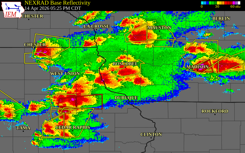 NEXRAD radar during the Tuesday, April 14, 2026 storm activity in Grant County, Wisconsin