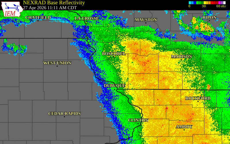 NEXRAD radar during the Monday, April 27, 2026 storm activity in Grant County, Wisconsin