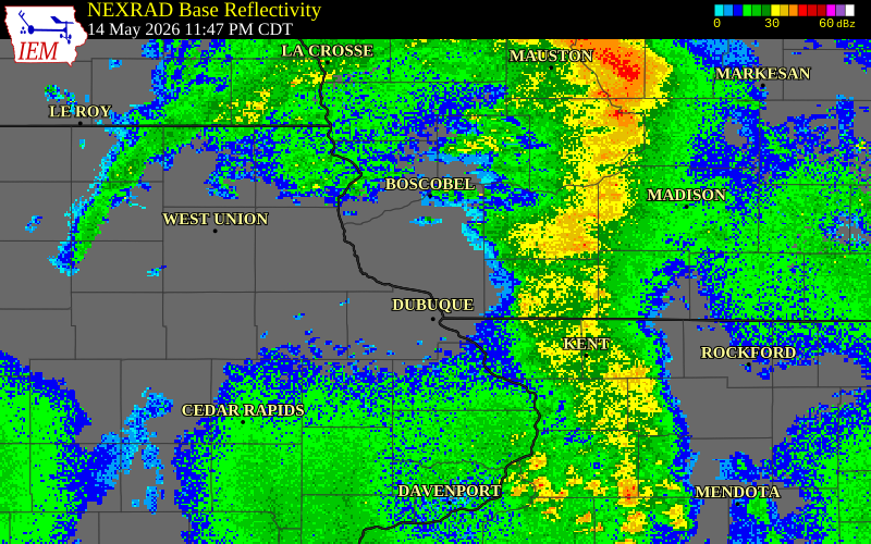 NEXRAD radar during the Thursday, May 14, 2026 storm activity in Grant County, Wisconsin