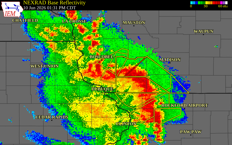 NEXRAD radar during the Wednesday, June 10, 2026 storm activity in Grant County, Wisconsin