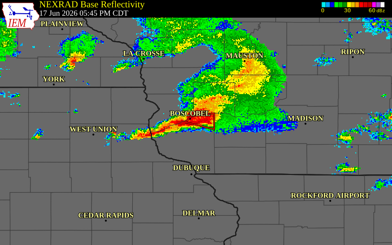NEXRAD radar during the Wednesday, June 17, 2026 storm activity in Grant County, Wisconsin