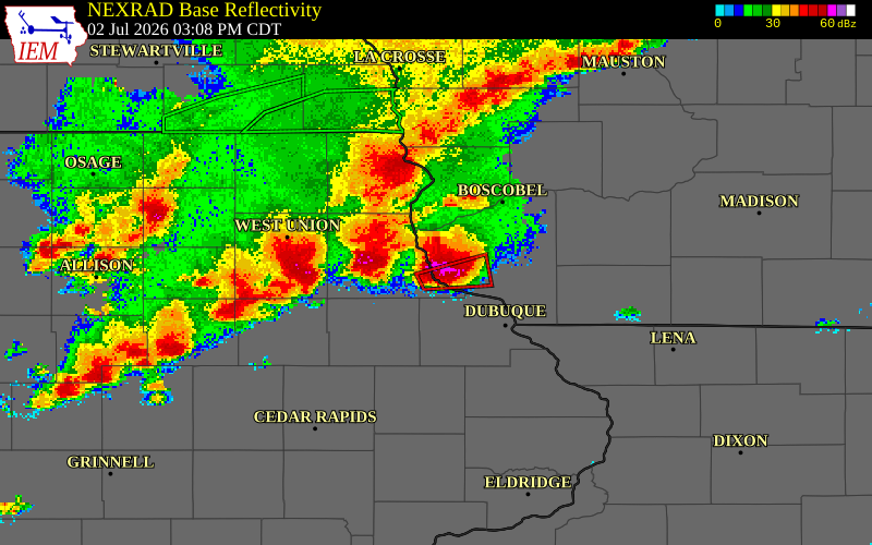NEXRAD radar during the Thursday, July 2, 2026 storm activity in Grant County, Wisconsin