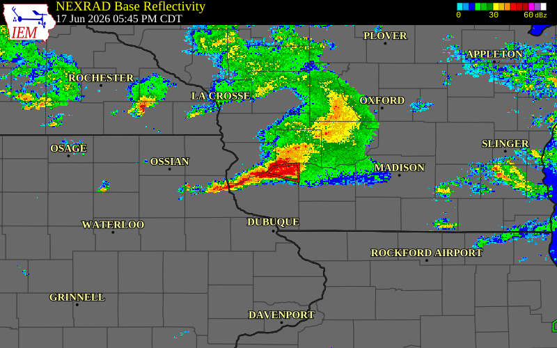 Radar snapshot during the Jun 17, 2026 tornado event near 4 SE Boscobel, Grant County, Wisconsin, with NWS warning polygons