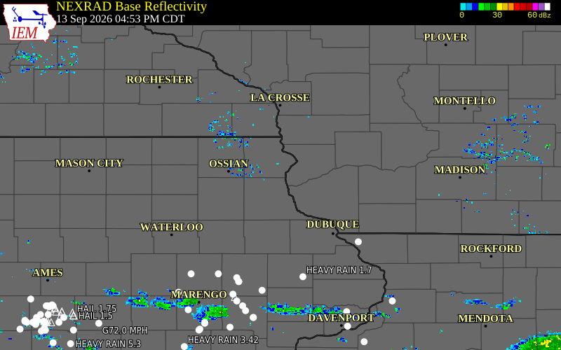 Current NEXRAD radar over Grant County, Wisconsin with recent storm report locations