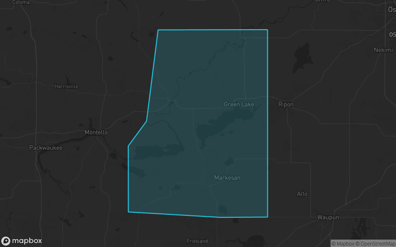 Map of Green Lake County, Wisconsin showing the county boundary and surrounding cities